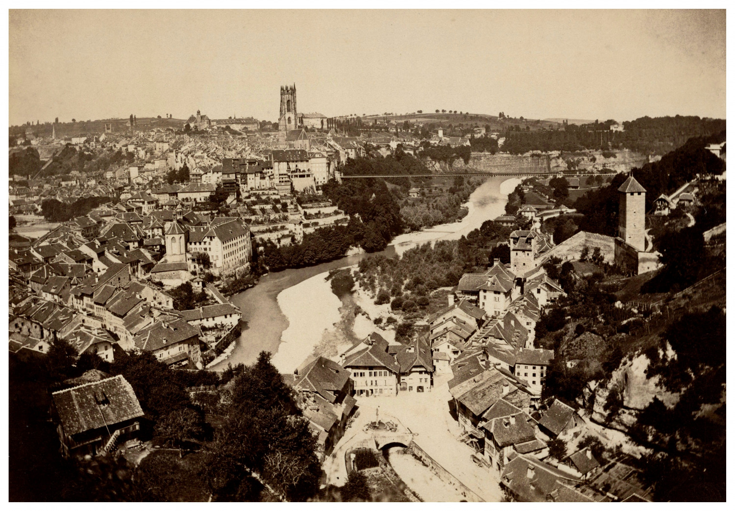 Switzerland, Freiburg, panoramic city view Vintage print, albumin print print 