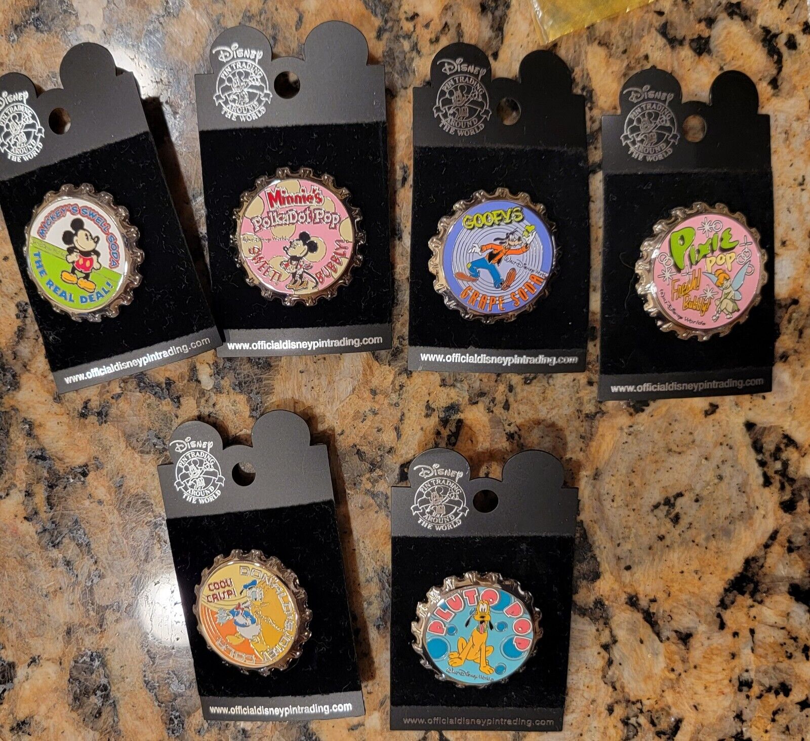 6 Pins - DL WDW Soda Pop Pins - Mickey, Minnie, Tinkerbell, Goofy, Donald &Pluto