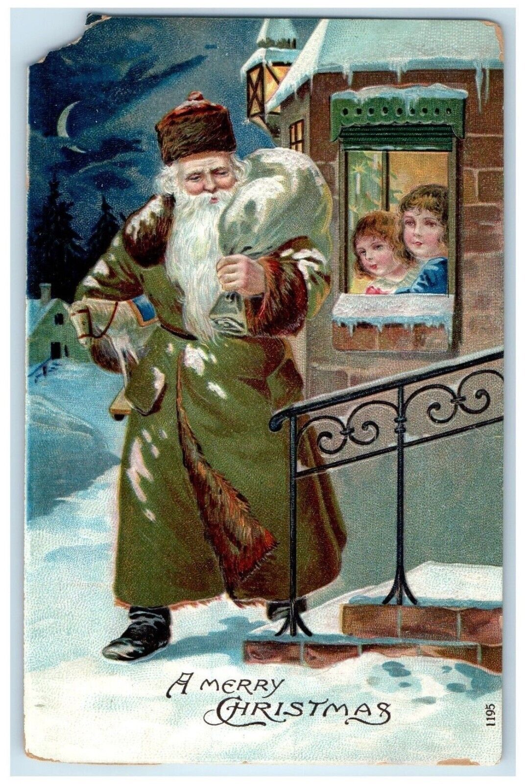 c1910's Christmas Green Robe Santa Claus Sack Of Toys Winter Embossed Postcard