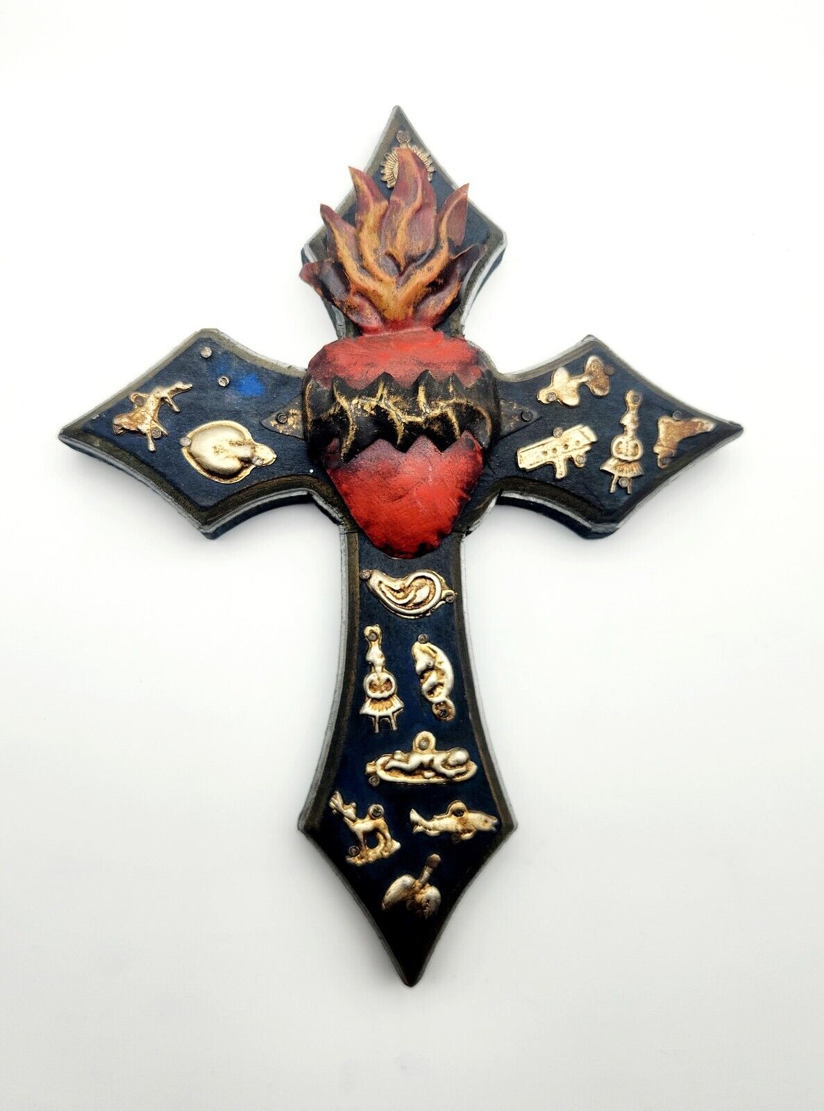 Vintage Sacred Heart Milagros Wood Cross Handmade Mexican Folk Art Gold Figures