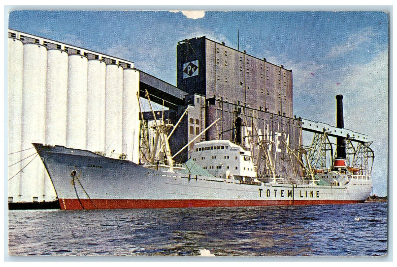 c1950's Totem Line Swedish Ship Carina Loading Grain Duluth Harbor MN Postcard