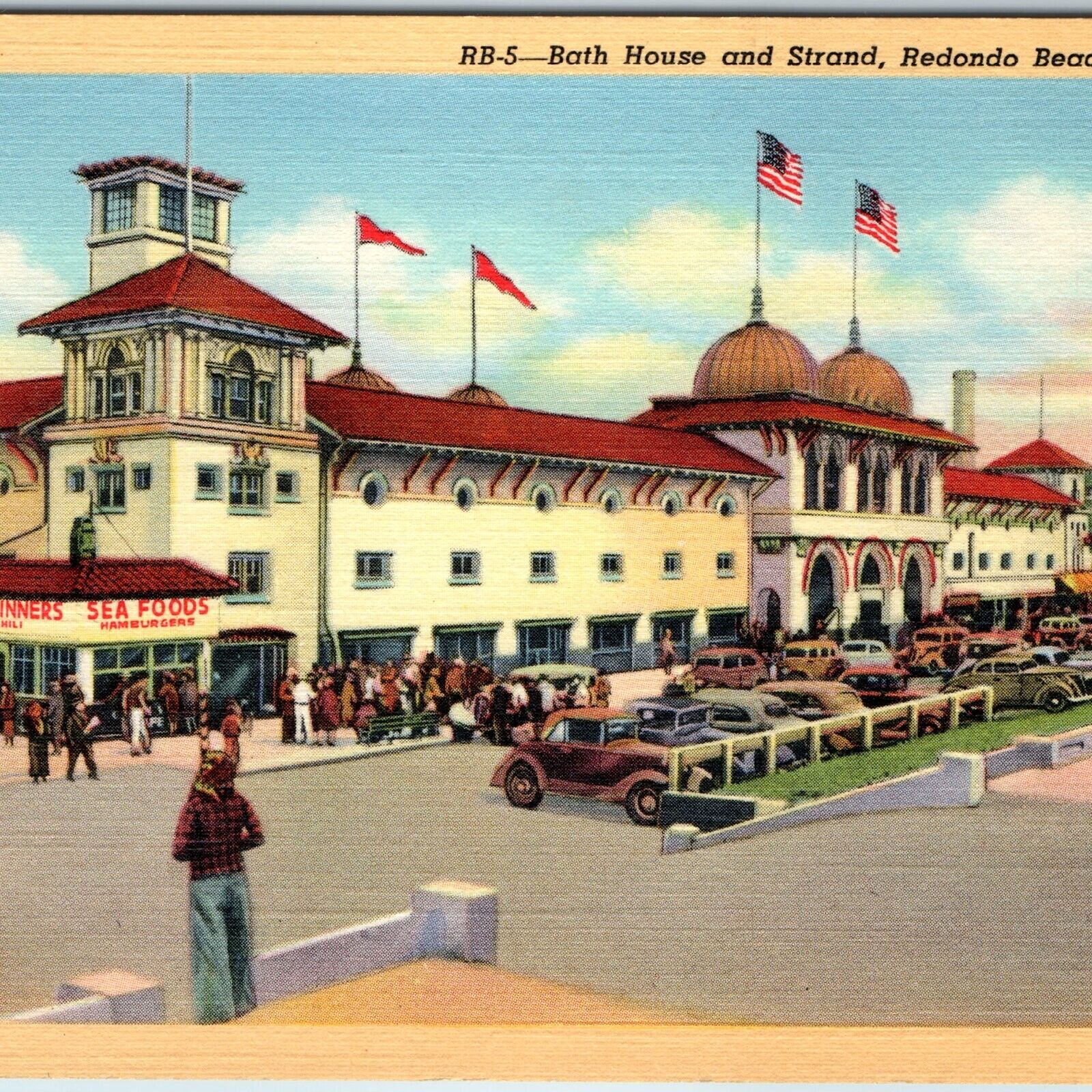 1939 Redondo Beach, CA Bath House Strand Cars Roadside Linen PC Teich Cali. A216