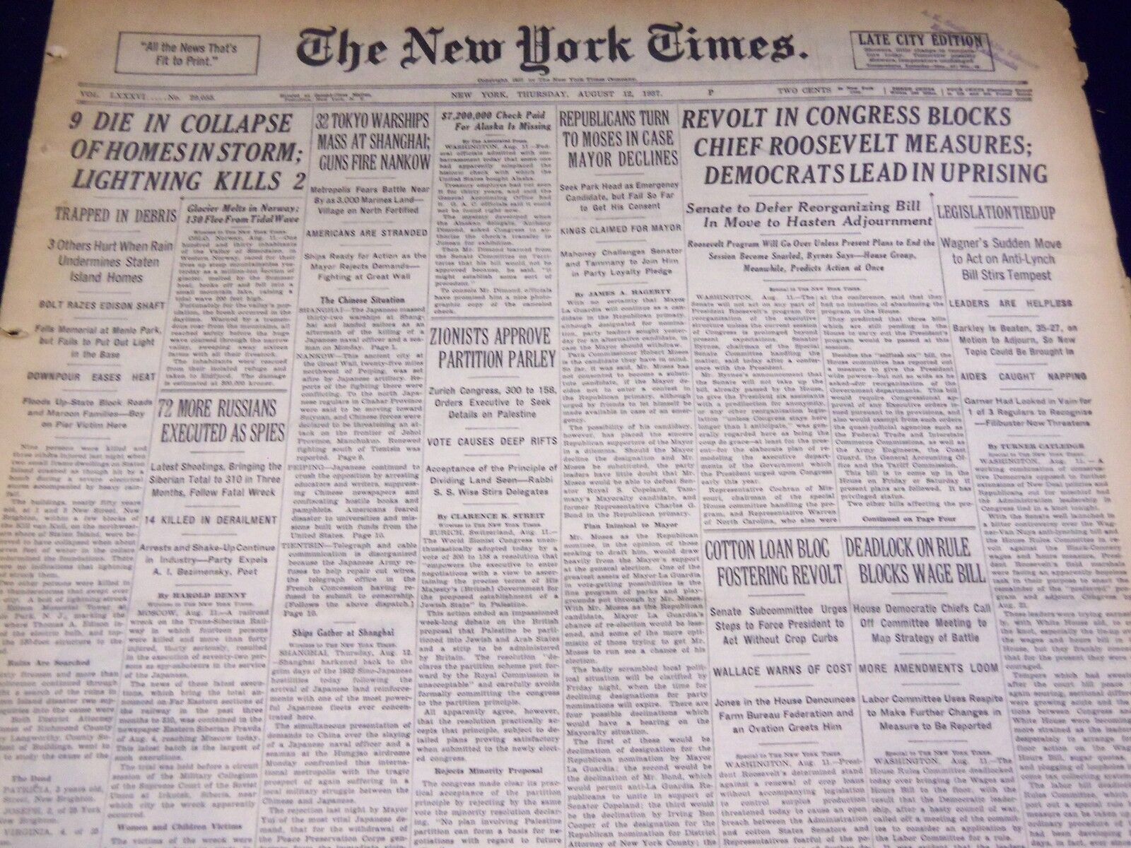 1937 AUGUST 12 NEW YORK TIMES - ZIONISTS APPROVE PARTITION - NT 3092