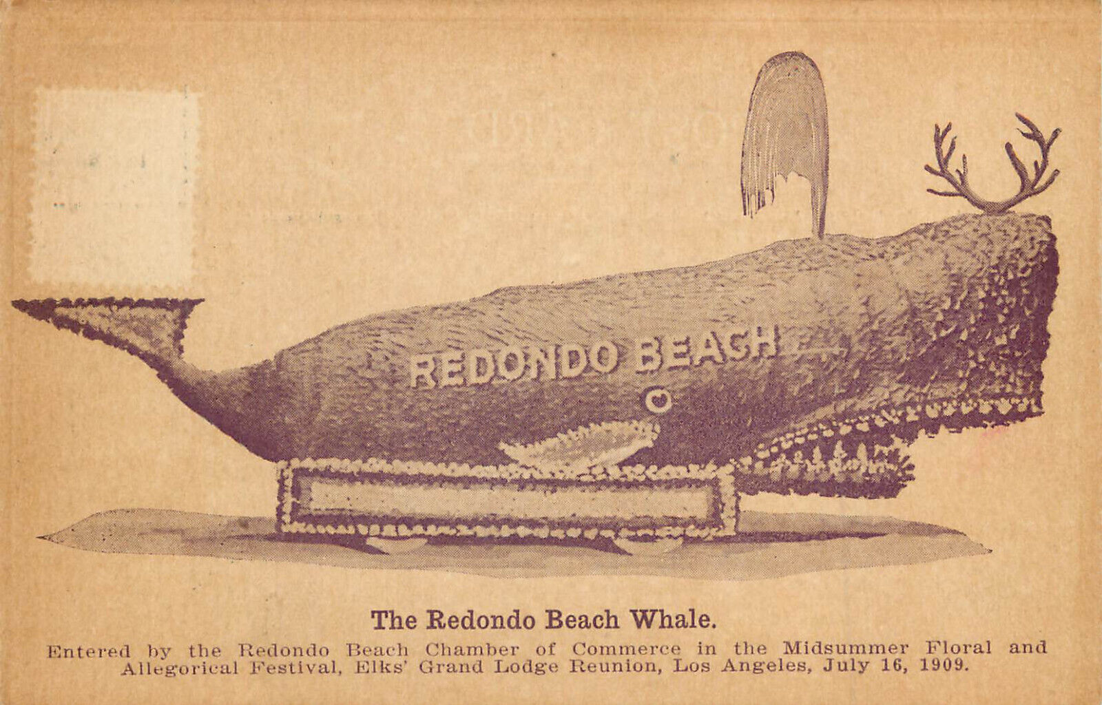 Postcard The Redondo Beach Antler Whale Midsummer Allegorical Elks Festival 1909
