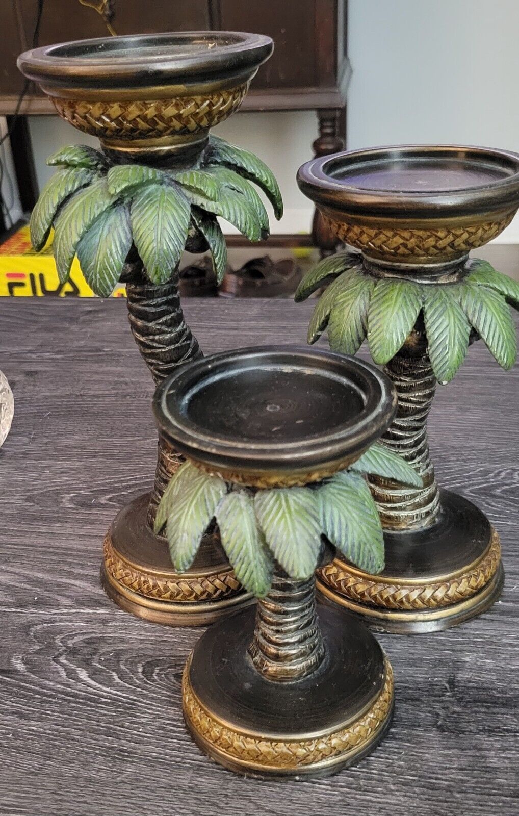 Vintage Resin Decorative 3pc Palm Tree Candle Holders Set Small Med Large