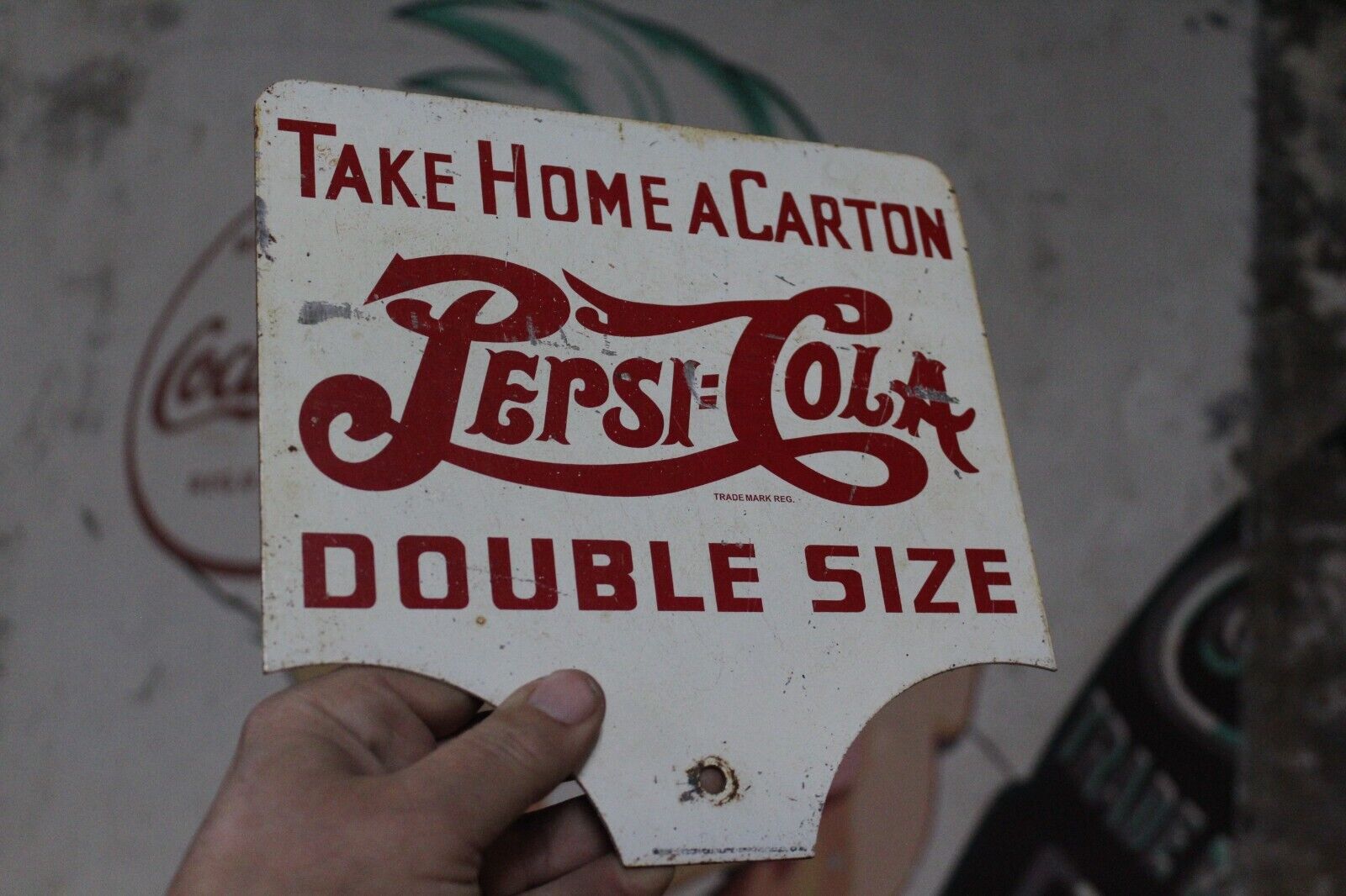 1950s DOUBLE SIZE PEPSI COLA 2 SIDED PAINTED METAL DISPLAY RACK PADDLE SIGN
