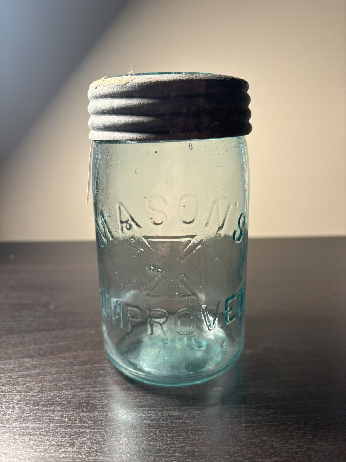 VTG Mason’s Improved Hero Cross Blue Midget Pint Fruit Jar Glass W/ Lid