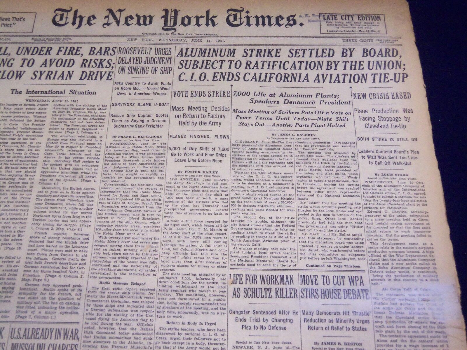 1941 JUNE 11 NEW YORK TIMES - ALUMINUM STRIKE SETTLED, CHURCHILL FIRE - NT 1466