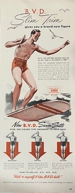 Rare Vintage Original 1941 BVD Mens Bathing Suit Surfing Surfboard Advertisement