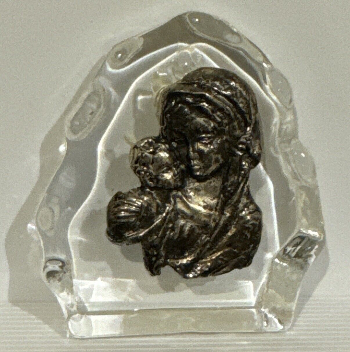 Vintage Virgin Mary Baby Jesus Glass Block Paper Weight Small 