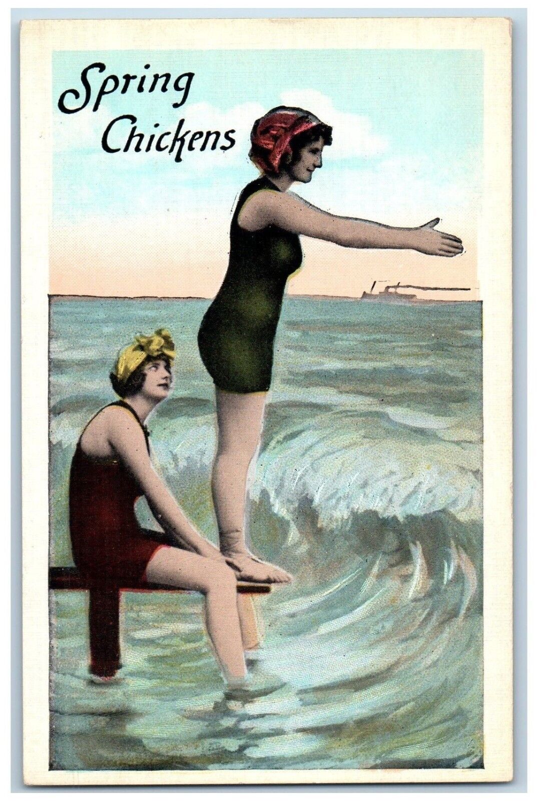 Beach Bathing Beauties Postcard With Hat Diving Surf Spring Chickens c1930's