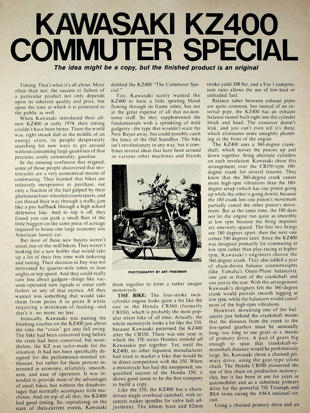 1974 Kawasaki KZ400 Commuter Special - 6-Page Vintage Motorcycle Article