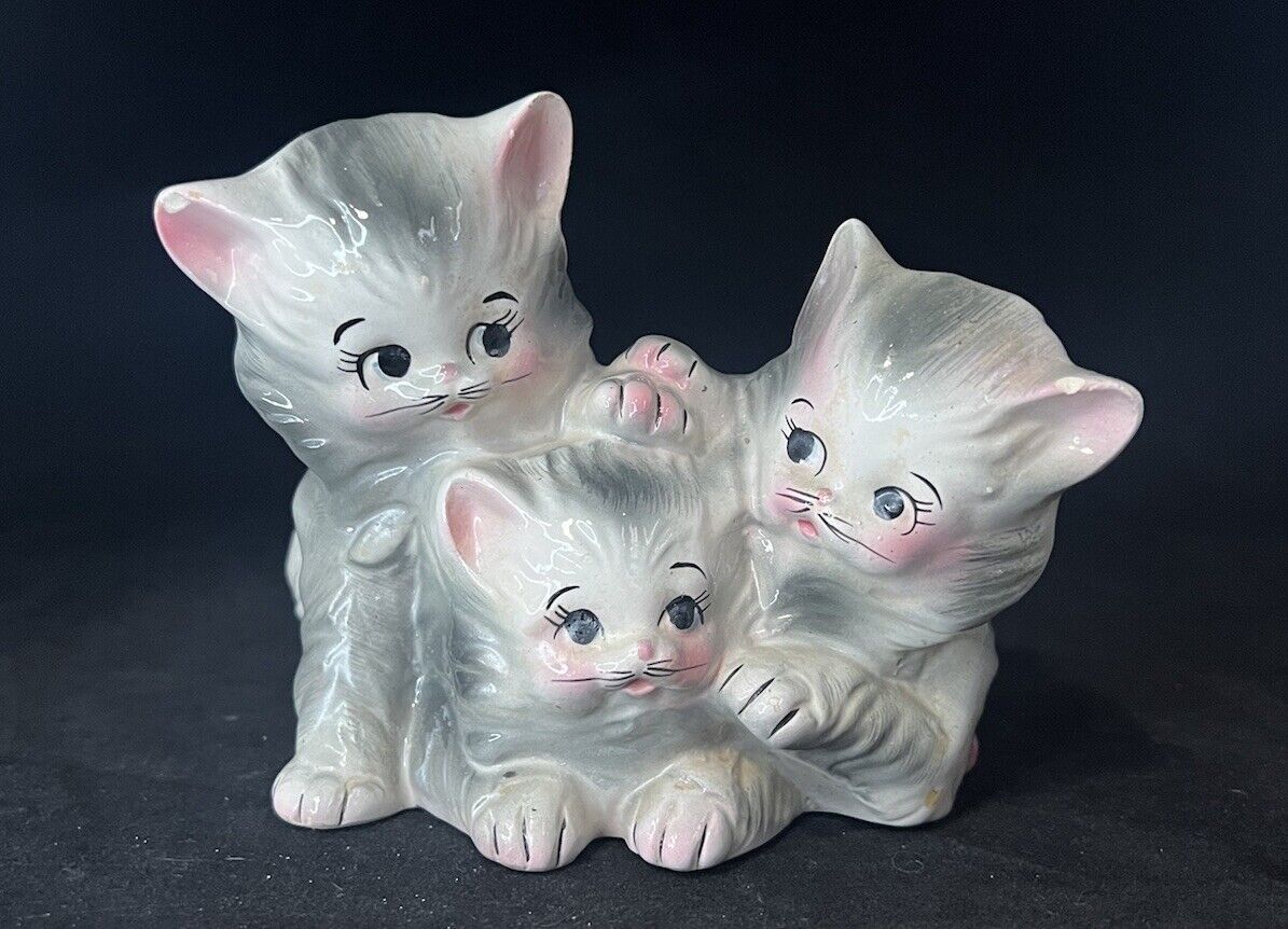 Vintage Three Kittens Ceramic Planter Kitschy Anthropomorphic Faces 1960s