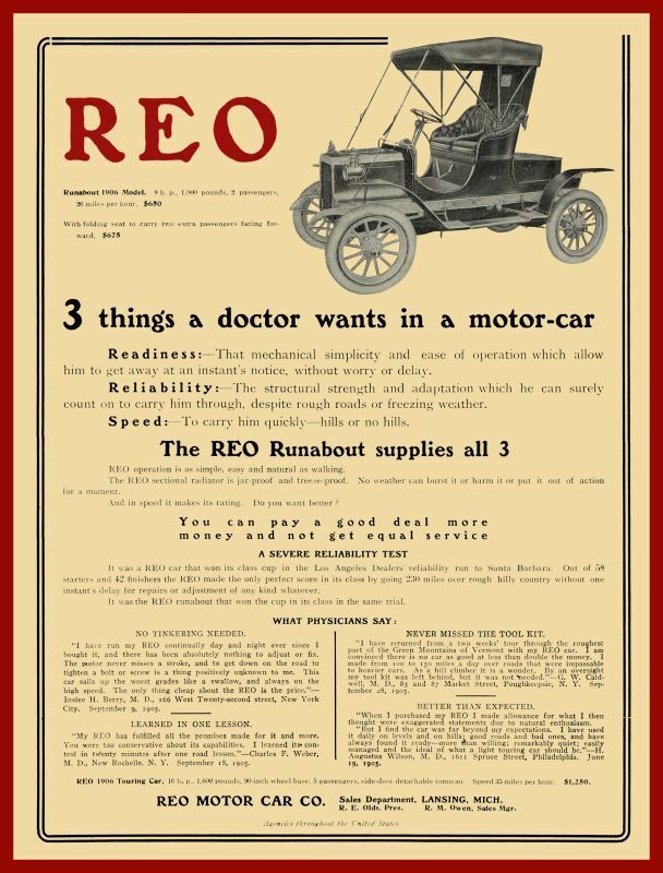 1906 REO Motor Car Co. NEW Metal Sign: Runabout for Doctor\'s Use - Lansing, MI