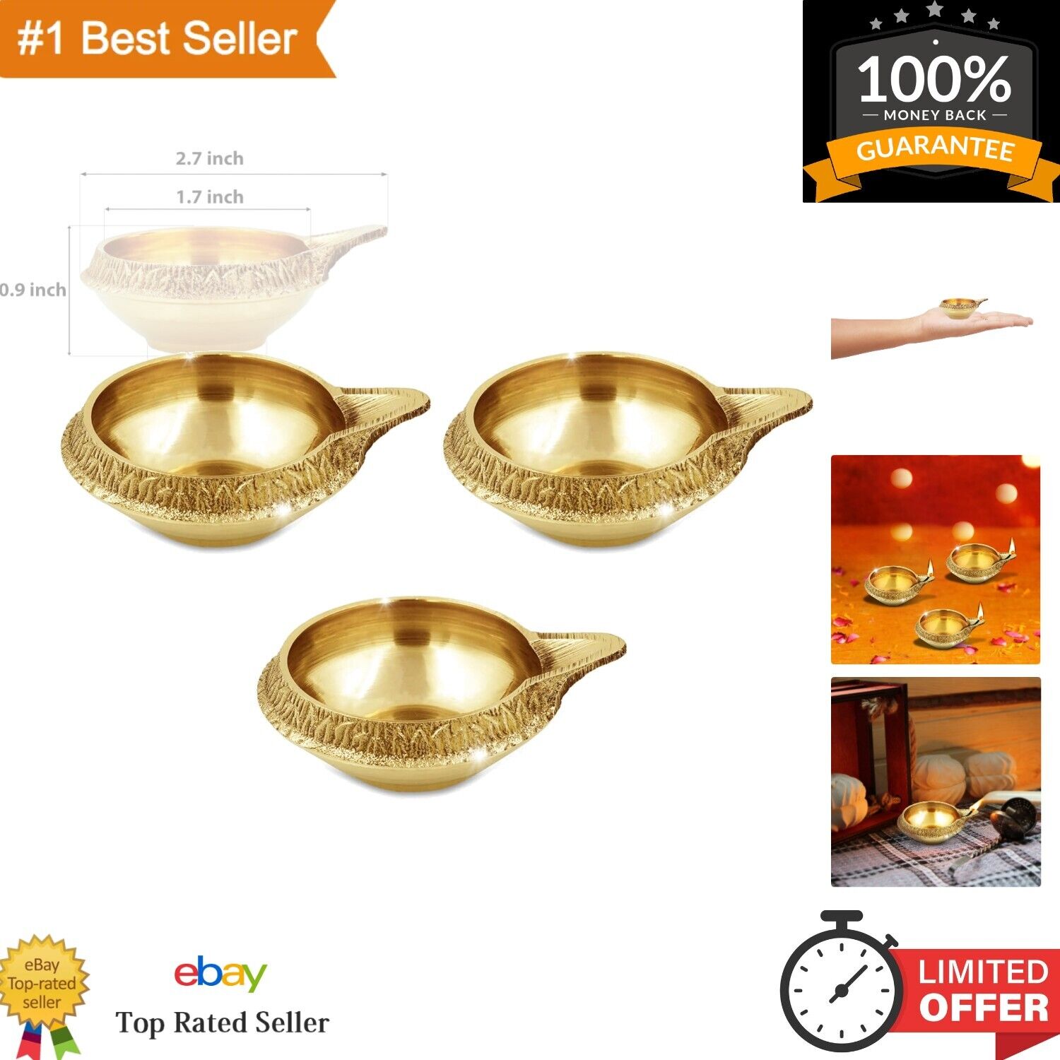 Intricately Crafted Kuber Diya Set of 3 - Symbol of Wealth and Prosperity