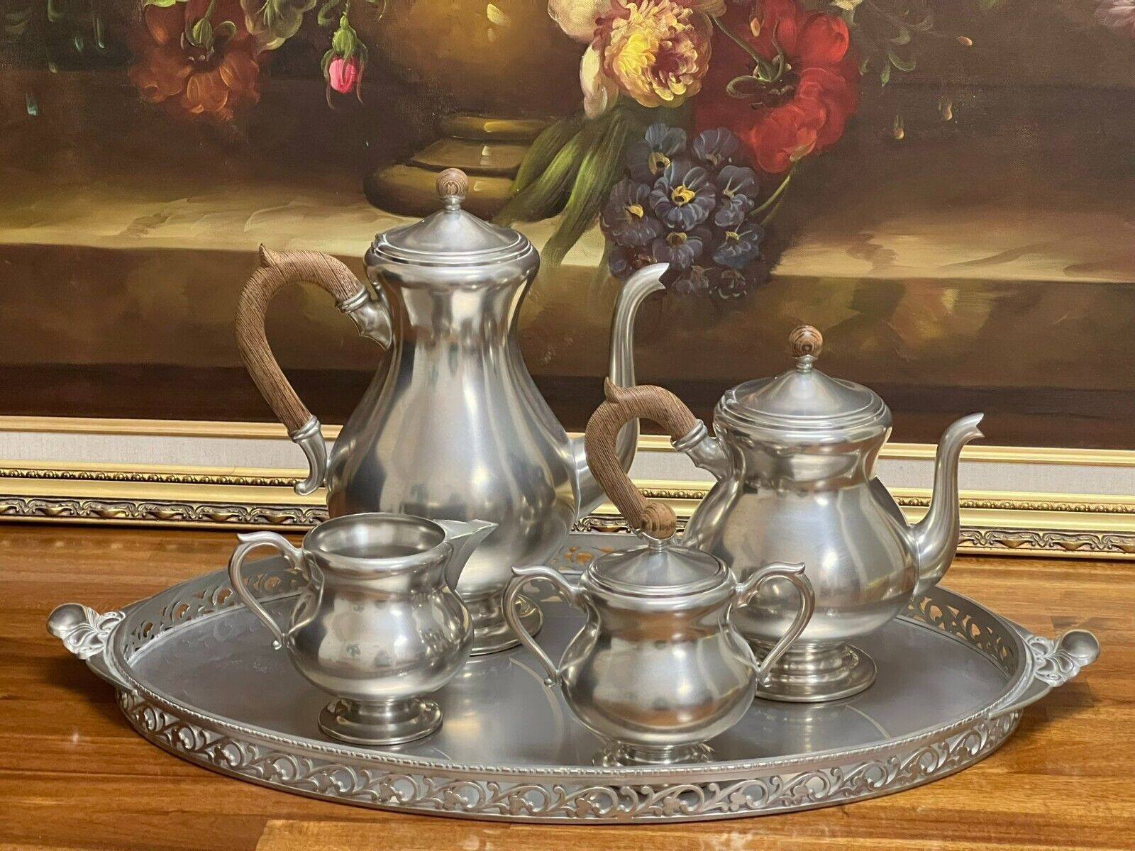 Vintage Royal Holland Complete Tea/Coffee Set W/ Wooden Handle. 5 Pieces. Made i