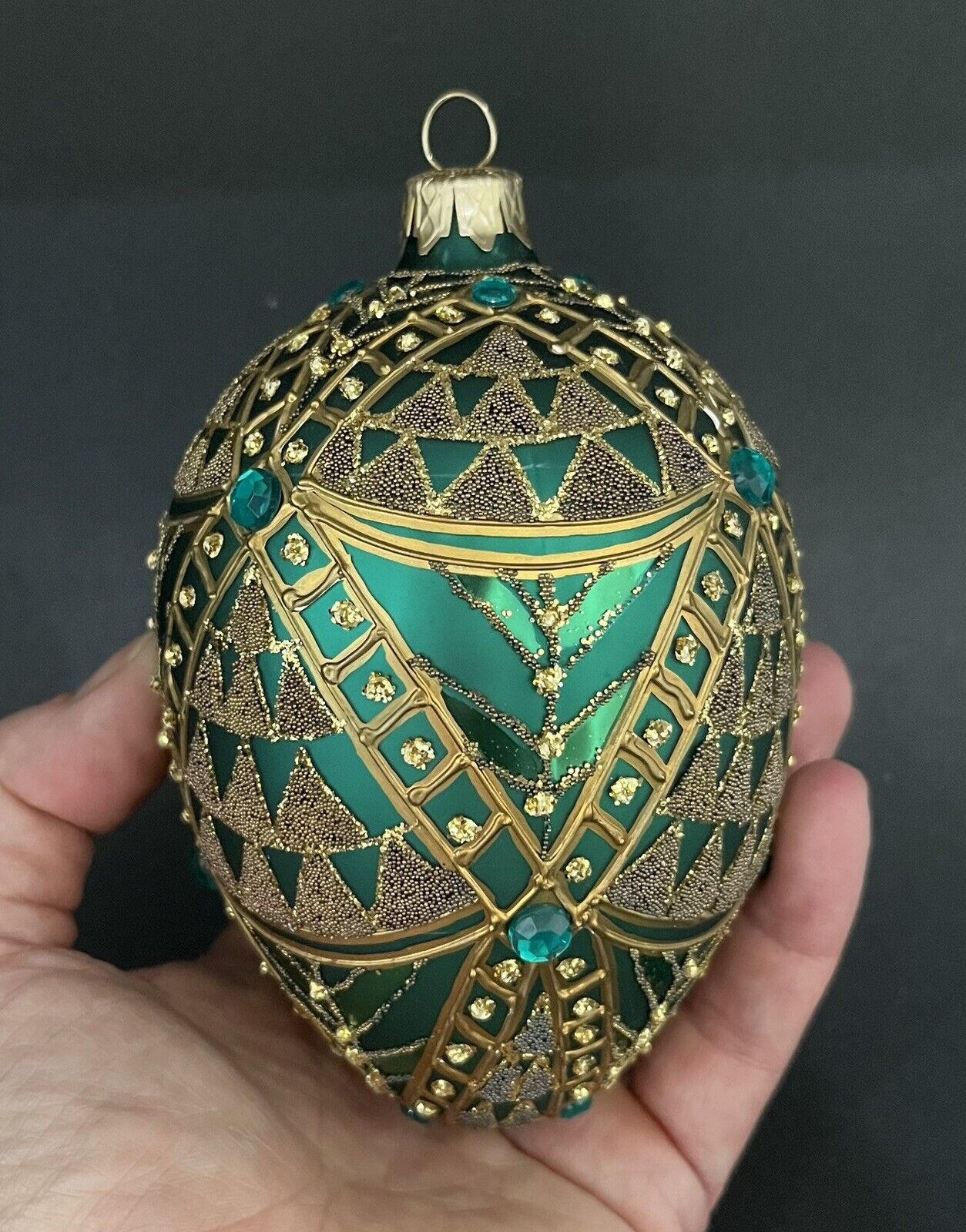 Collector Series Green Gold Fabrege Jeweled Egg Glass Christmas Ornament