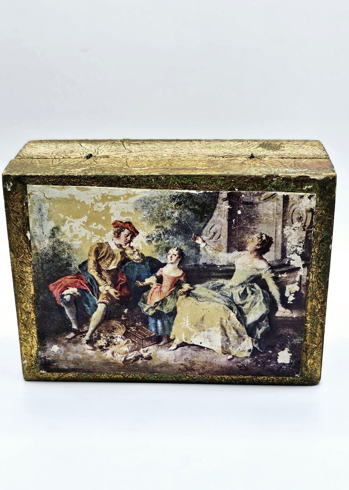 Vintage Florentia Hand Made Italy Gold Wood Box Renaissance Image Pin Hinged