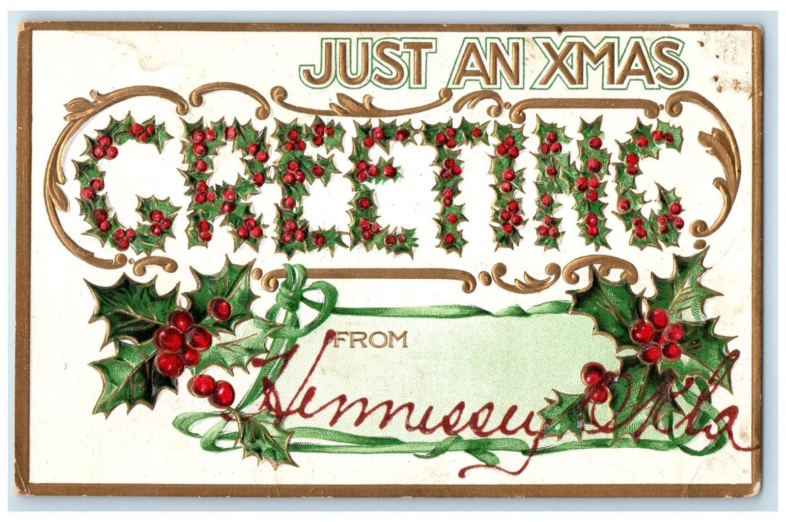 c1910's Just An Xmas Greetings From Hennessey Oklahoma OK Embossed Postcard