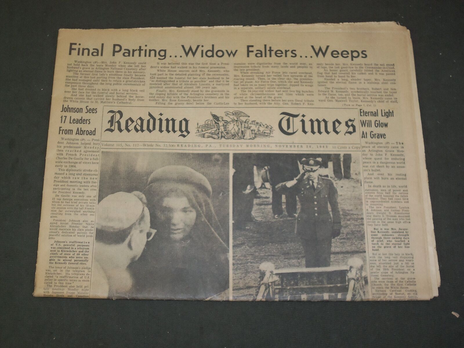 1963 NOV 26 READING (PA) TIMES NEWSPAPER - JOHN F. KENNEDY FUNERAL - NP 3318