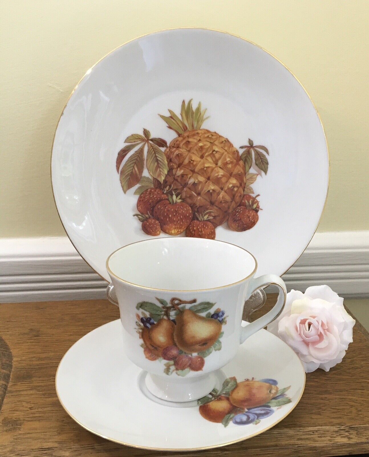 TRIO Bareuther Waldsassen of Germany Teacup & Saucer & Plate Fruit & Gold Trim