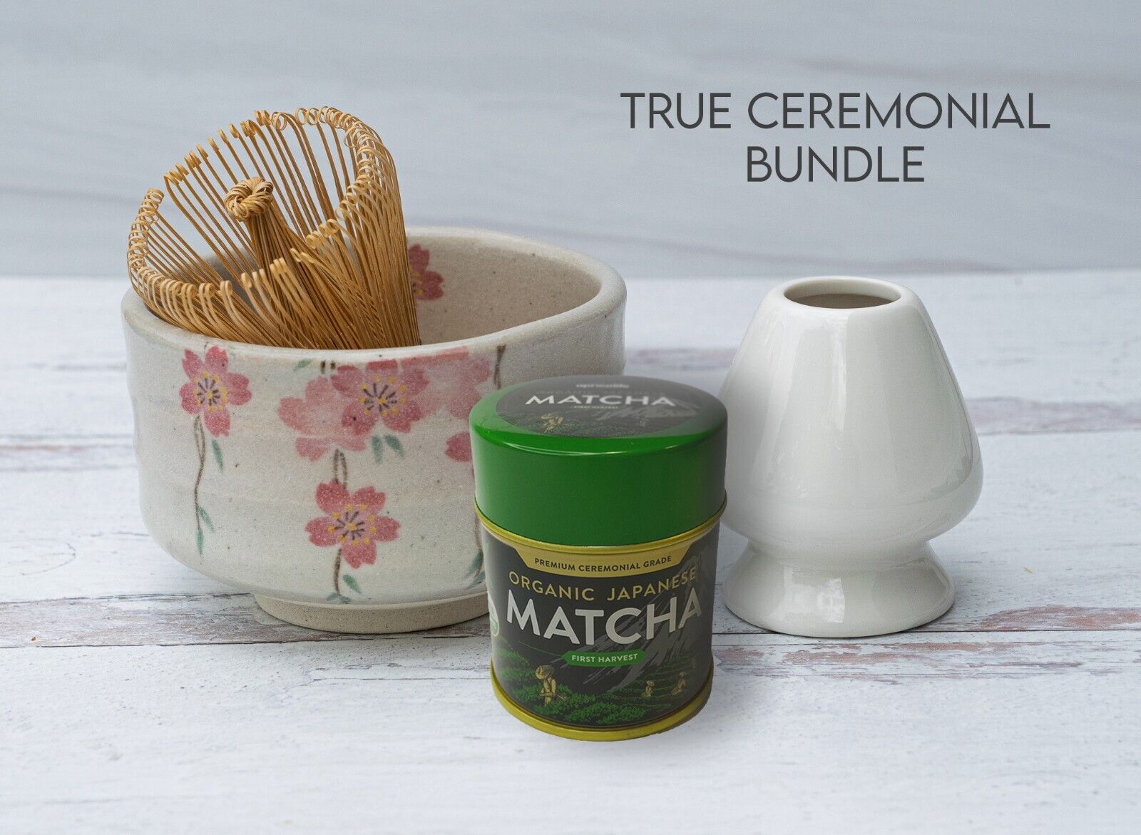 4Pcs Japanese Matcha Tea Set: Bowl, Bamboo Whisk, Holder, Ceremonial Matcha 30g