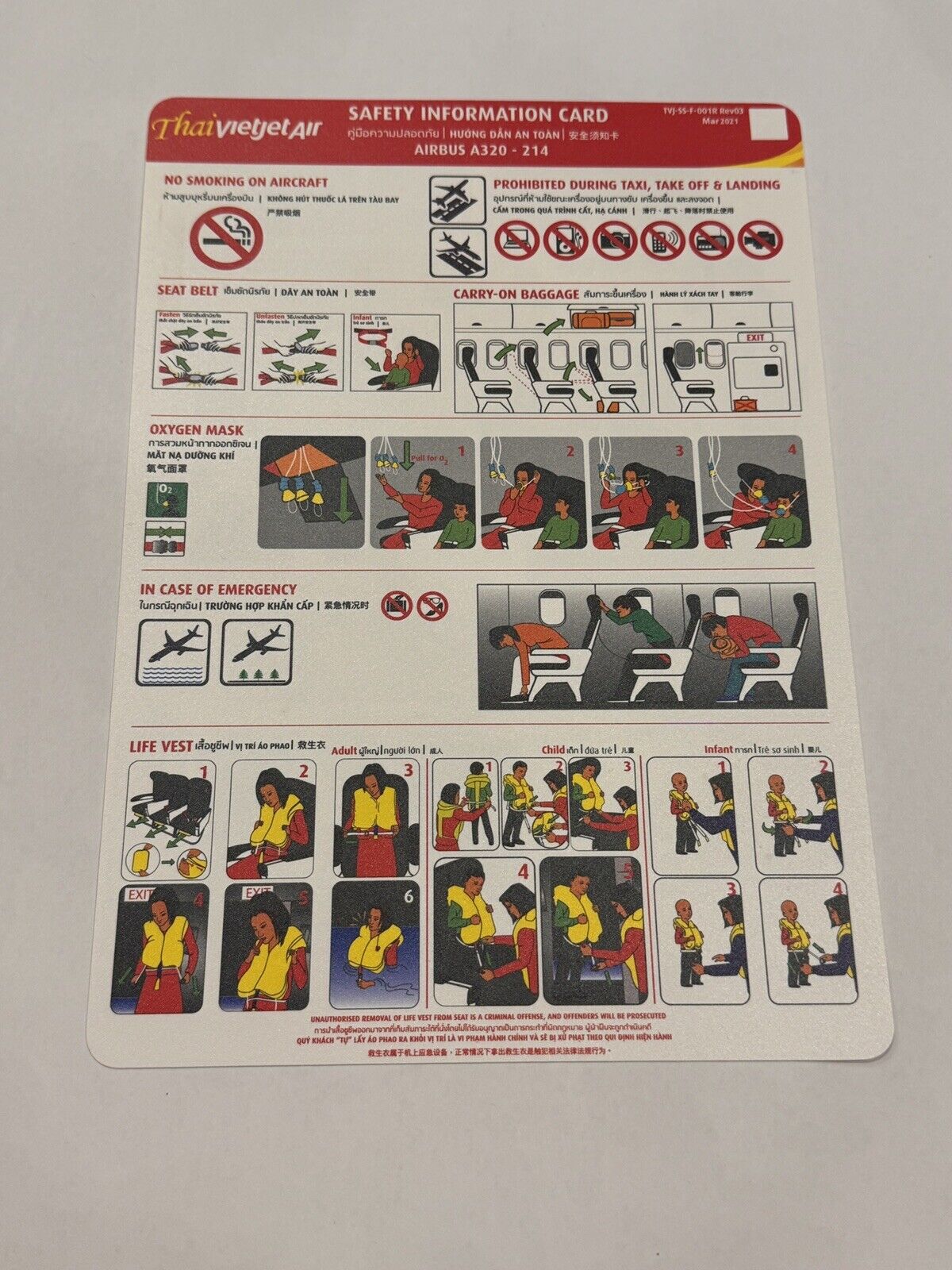 Thai VietJet Airlines Airbus  A320-200 214 Safety Card Instructions.