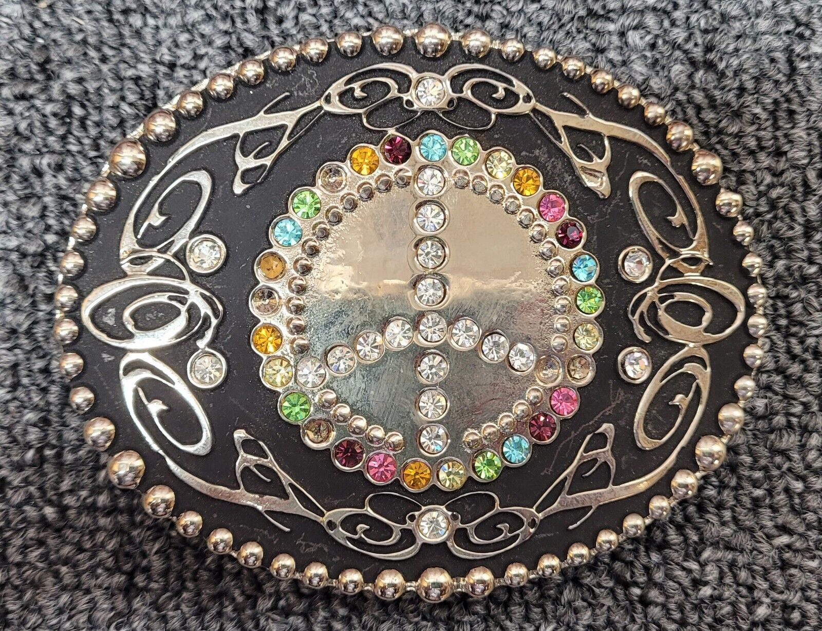 Rare Western Edge Peace Sign Belt Buckle with Colorful Stones by Taylor Brands.