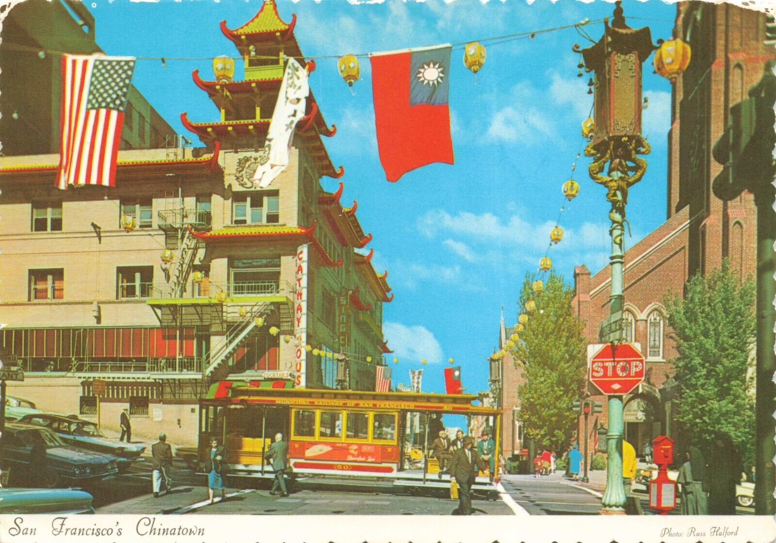 Postcard CA San Francisco Chinatown Cable Car Trolley Stop Sign Cars Flags c1961