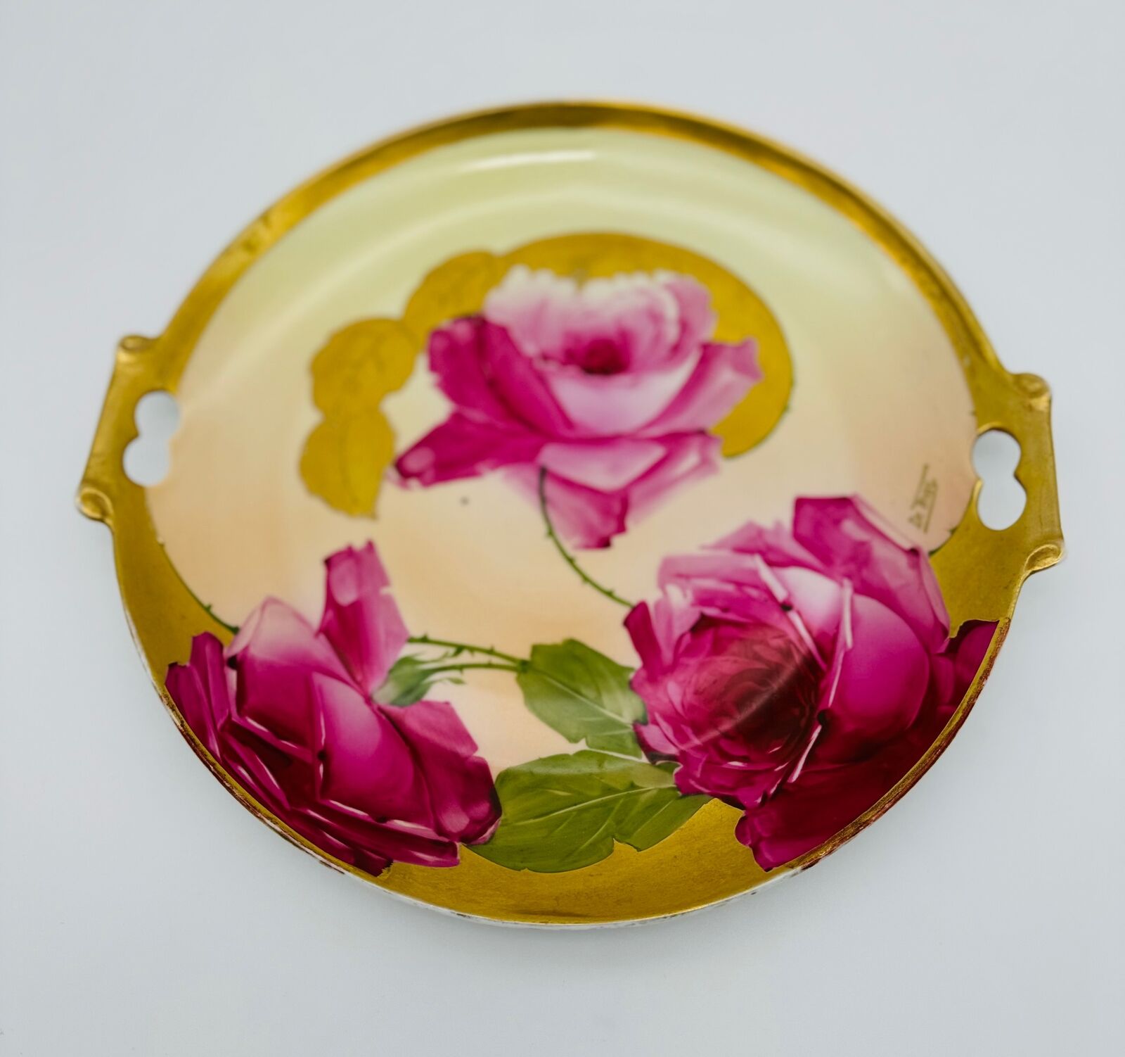 Antique Imperial Austria Hand-Painted Pink Roses Plate Gold Trim Signed De Vries