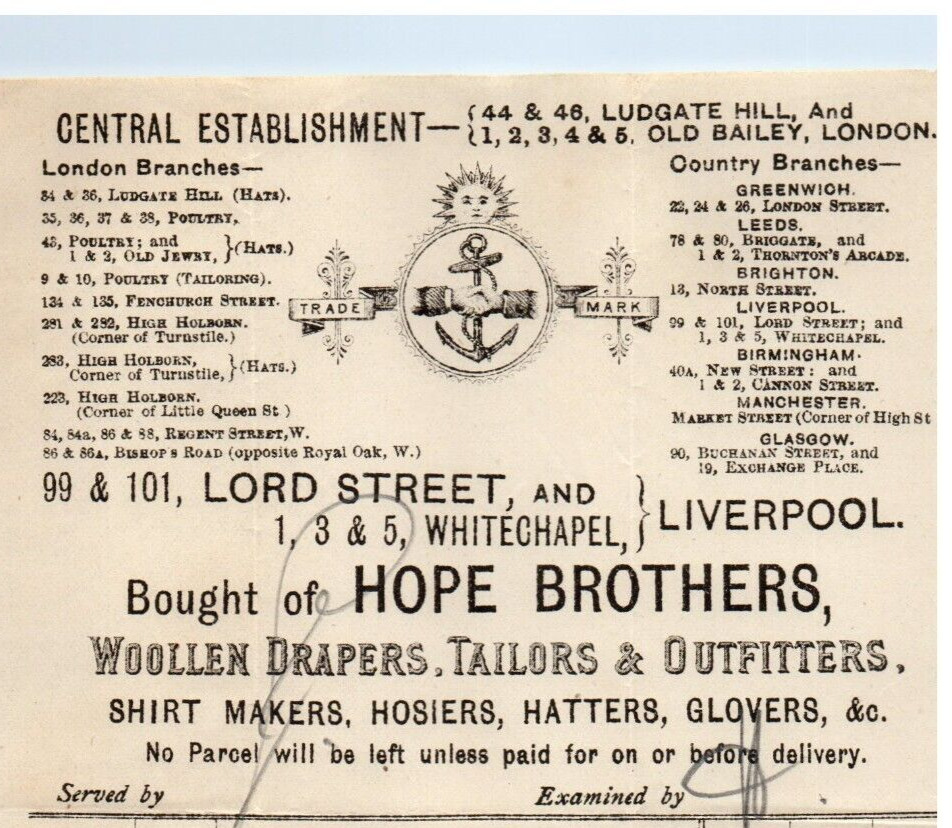 London England Liverpool Hope Bros Drapers Tailors Letterhead Receipt c 1870