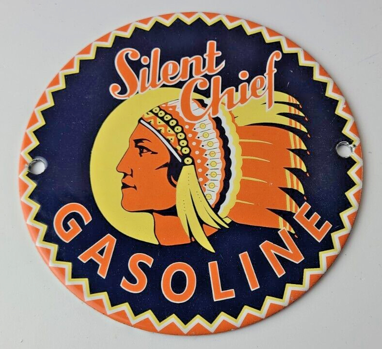 Vintage Silent Chief Gasoline Sign - Gas Service Station Pump Porcelain Sign