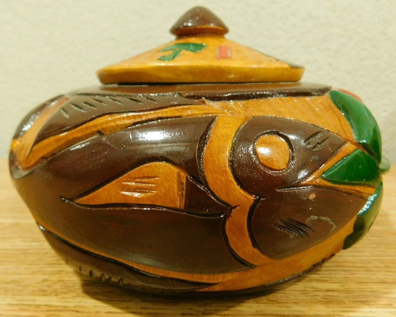 Handcrafted Wooden Haiti Bowl Container With Lid Floral Design