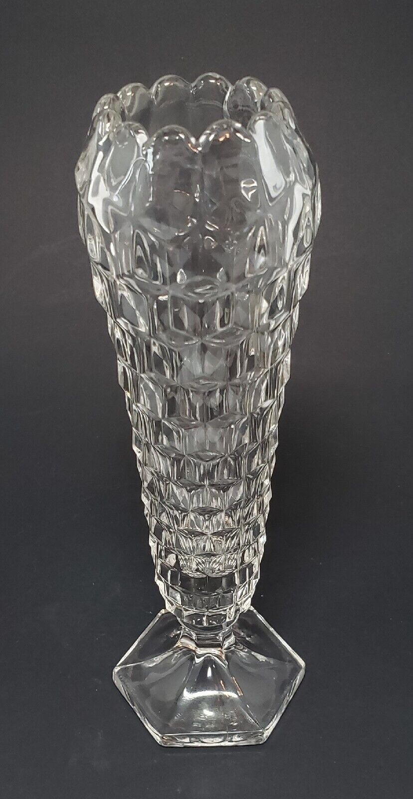 Clear Fostoria Glass Vase Cubic Design Cupped Top Hexagon Base 8.5 inch Vtg READ