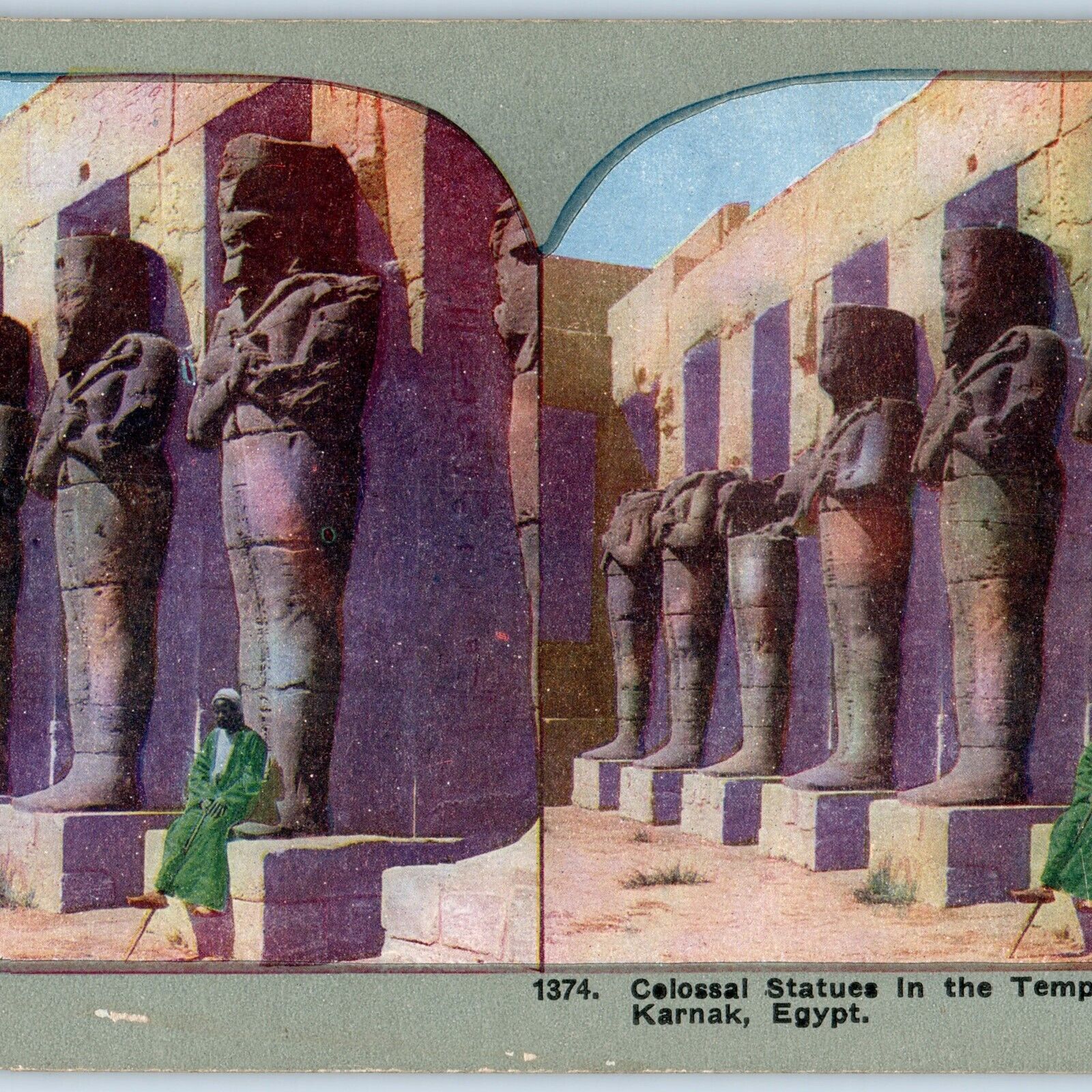 c1900s Karnak, Egypt Statues Temple of Ramese III Litho Photo Stereo Card V7