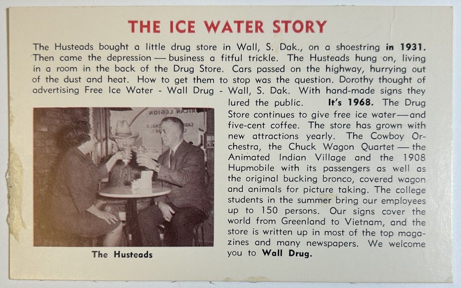 The Ice Water Story Postcard 1968 Wall Drug, The Husteads 