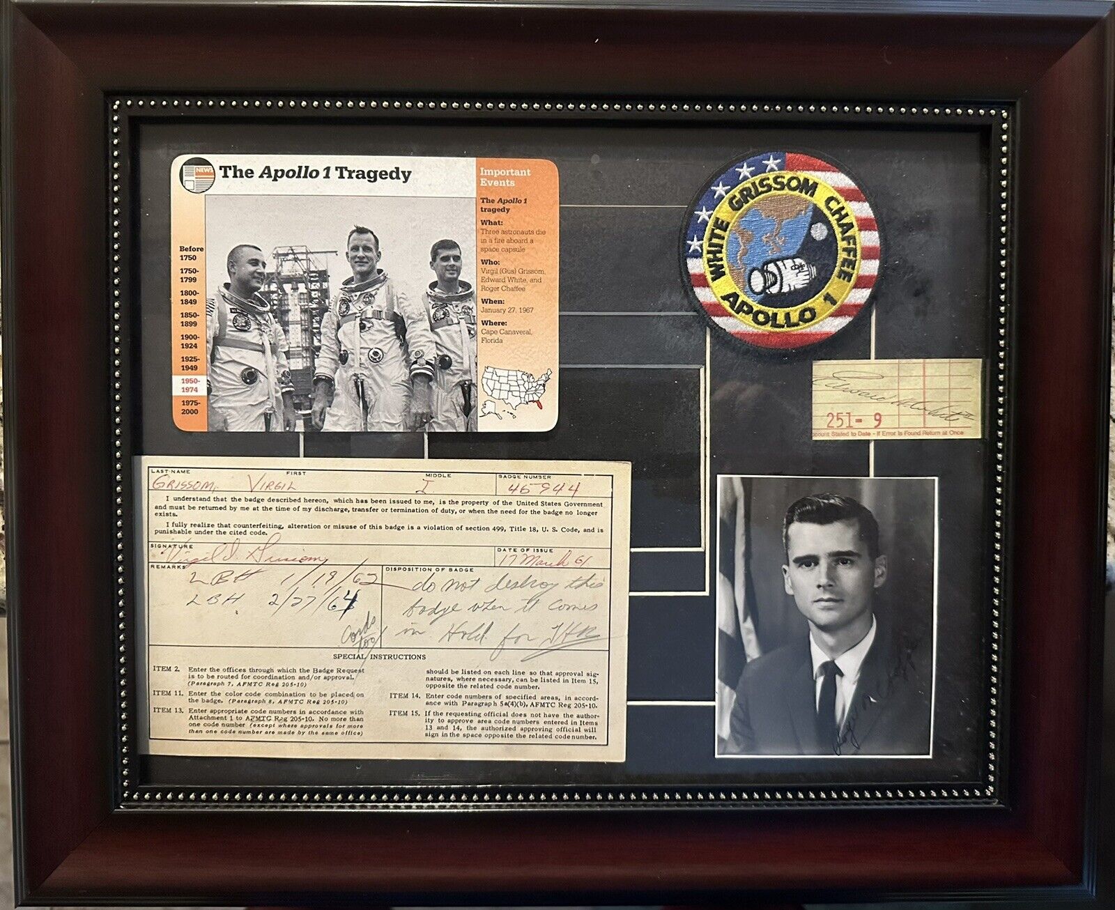 Framed Apollo 1 Signatures Of Gus Grissom, Edward H White And Roger Chaffee.