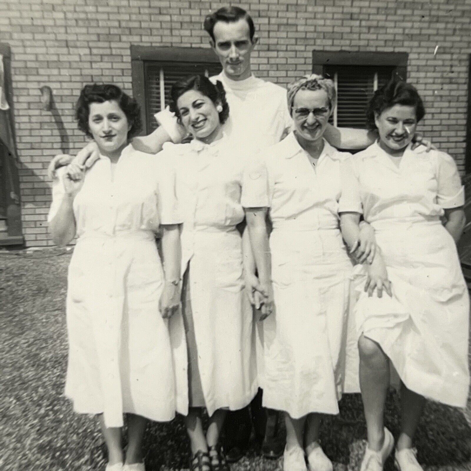 Vintage B&W Snapshot Photograph Lot Of 5 Affectionate Doctor & Beautiful Nurses