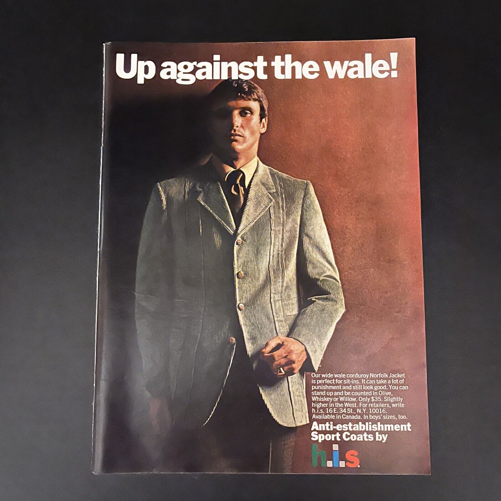 1969 H.I.S. Wide Wale Corduroy Norfolk Jacket Print Ad Up Against The Wale Anti