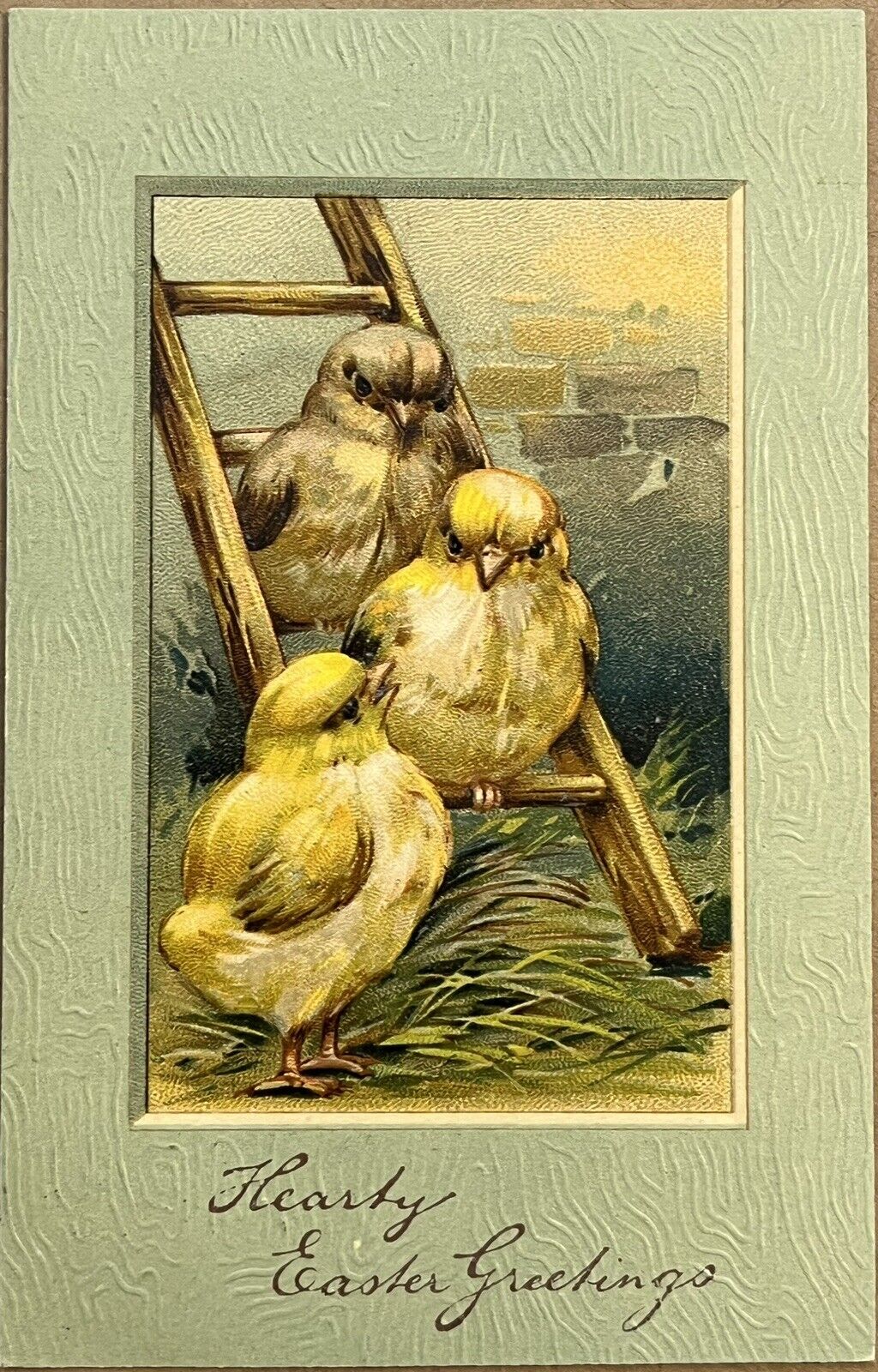 Easter Chicks on a Ladder Antique Postcard 1908