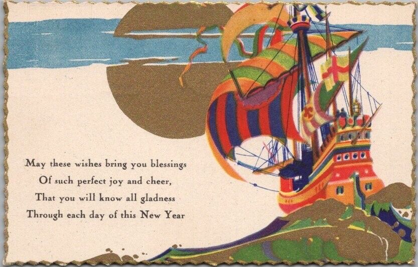 Vintage New Year ART DECO Postcard Spanish Galleon / Sailing Ship / 1931 Cancel