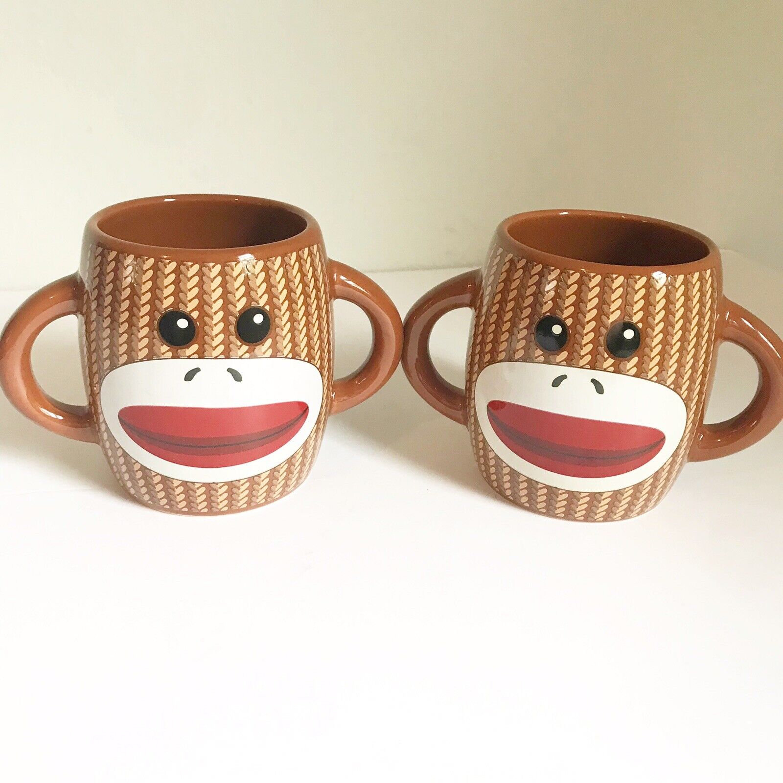 Set Of 2 Sock Monkey Double Handle Coffee Tea Mugs