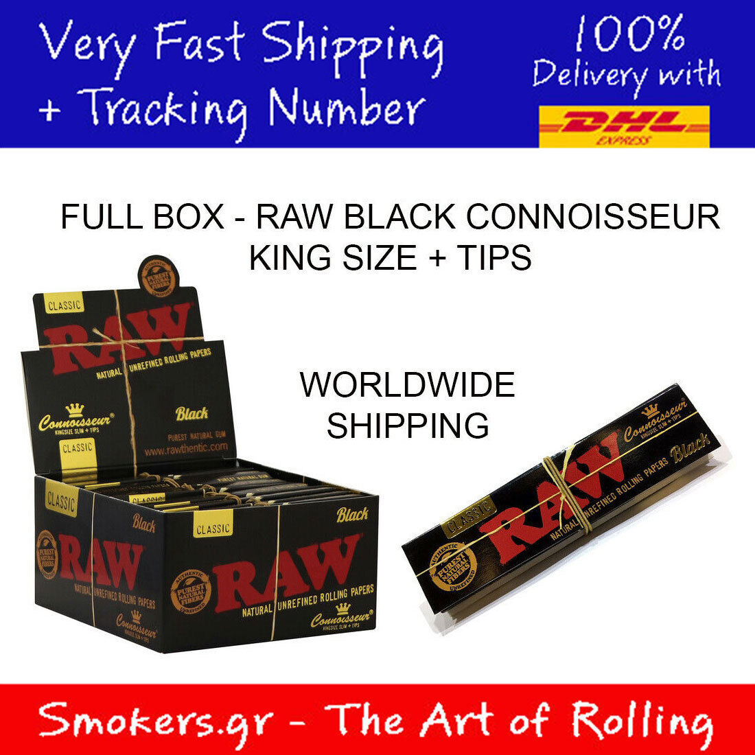 1x FULL BOX RAW BLACK Connoisseur King Size Slim + Tips (24 Booklets)