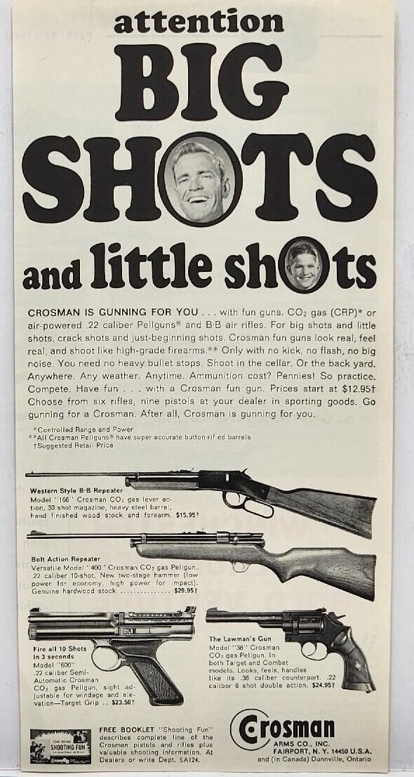 1964 Crosman CO2 Gas Air Powered Rifles Pistols Hunting Print Ad Fairport NY