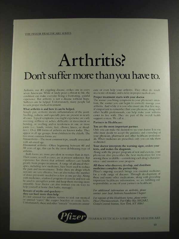 1986 Pfizer Pharmaceuticals Ad - Arthritis? Don\'t Suffer More Than You Have To