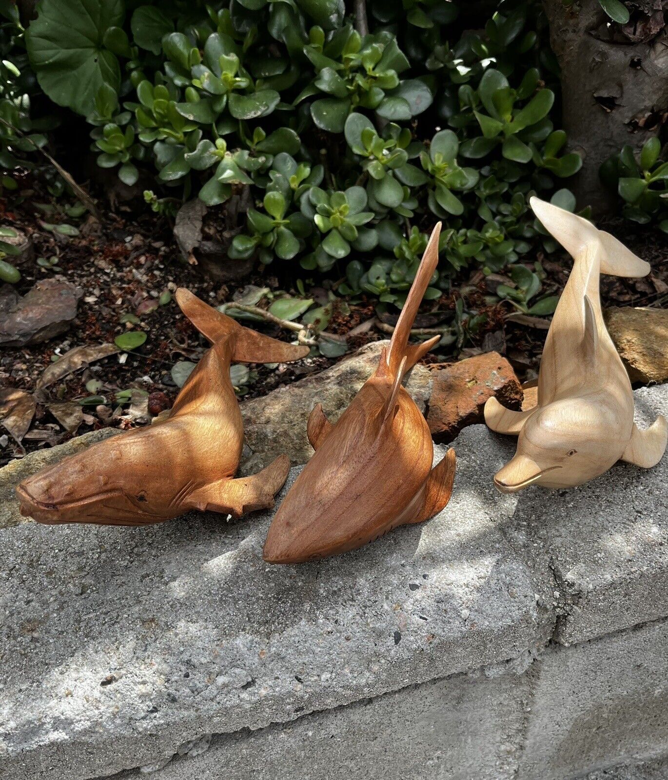 Hand carved wooden oceanic shark, whale, and dolphin figurines from Bali set of3