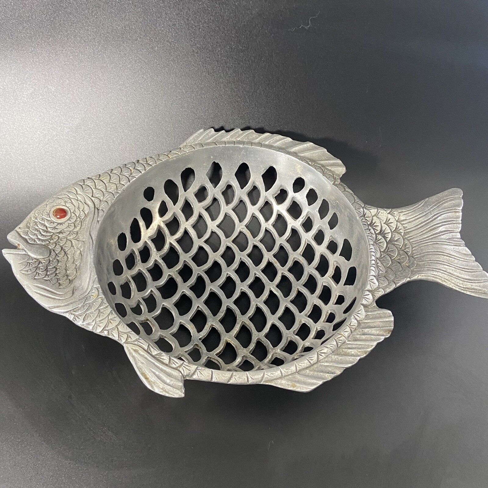 Vintage Arthur Court Fish with Red Carnelian  Metal Footed Basket Stone Eye