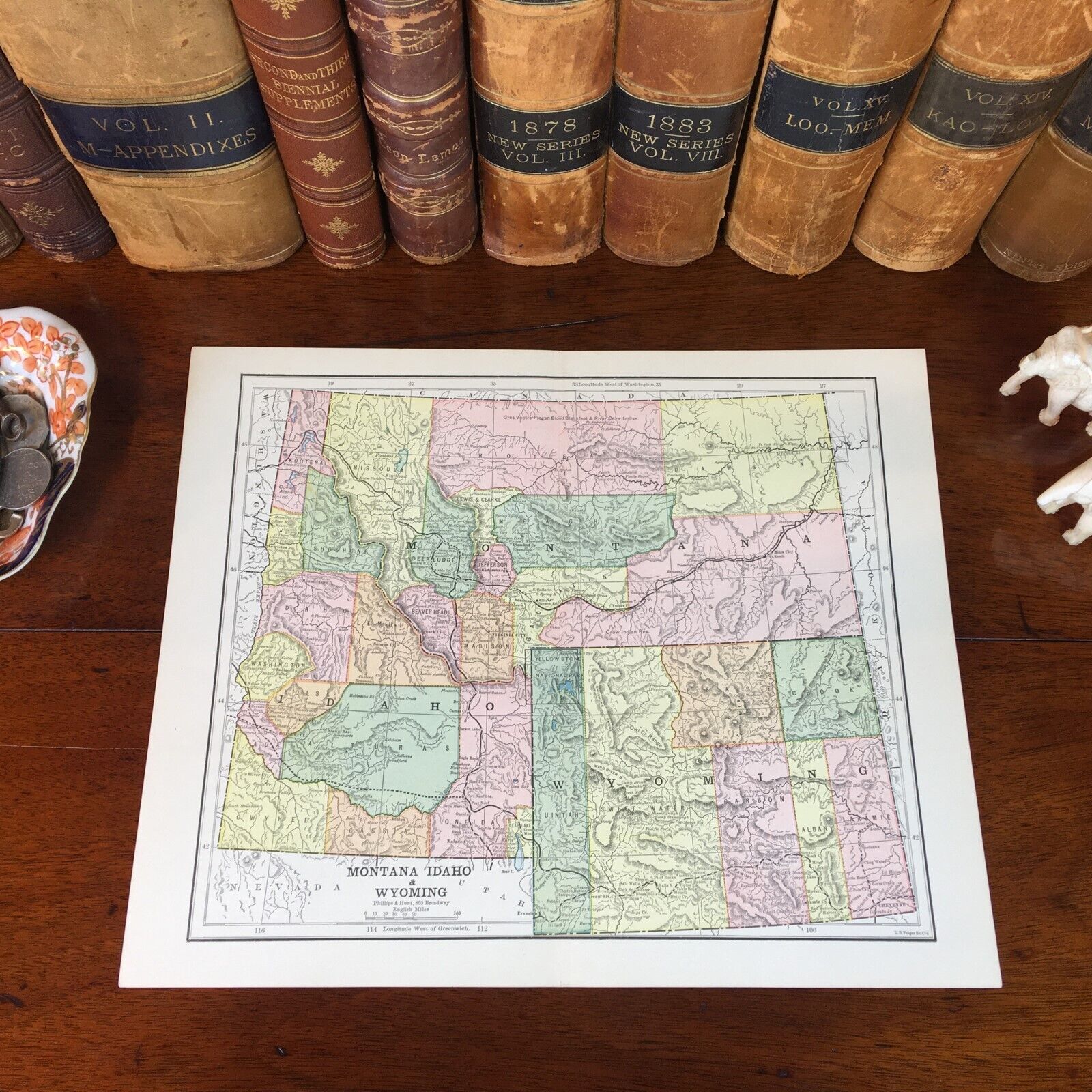 Original 1885 Antique Map IDAHO MONTANA WYOMING Boise Great Falls Helena Casper