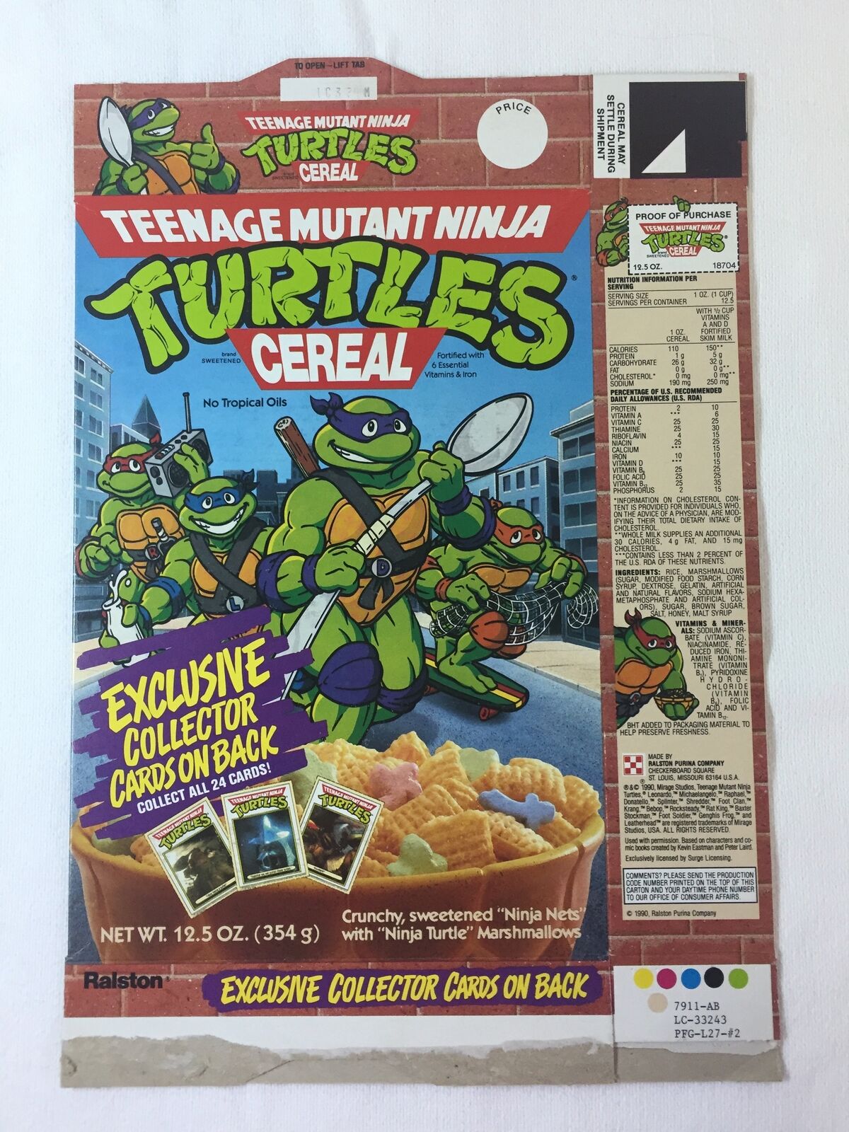 1990 Ralston TEENAGE MUTANT NINJA TURTLES cereal box with uncut cards