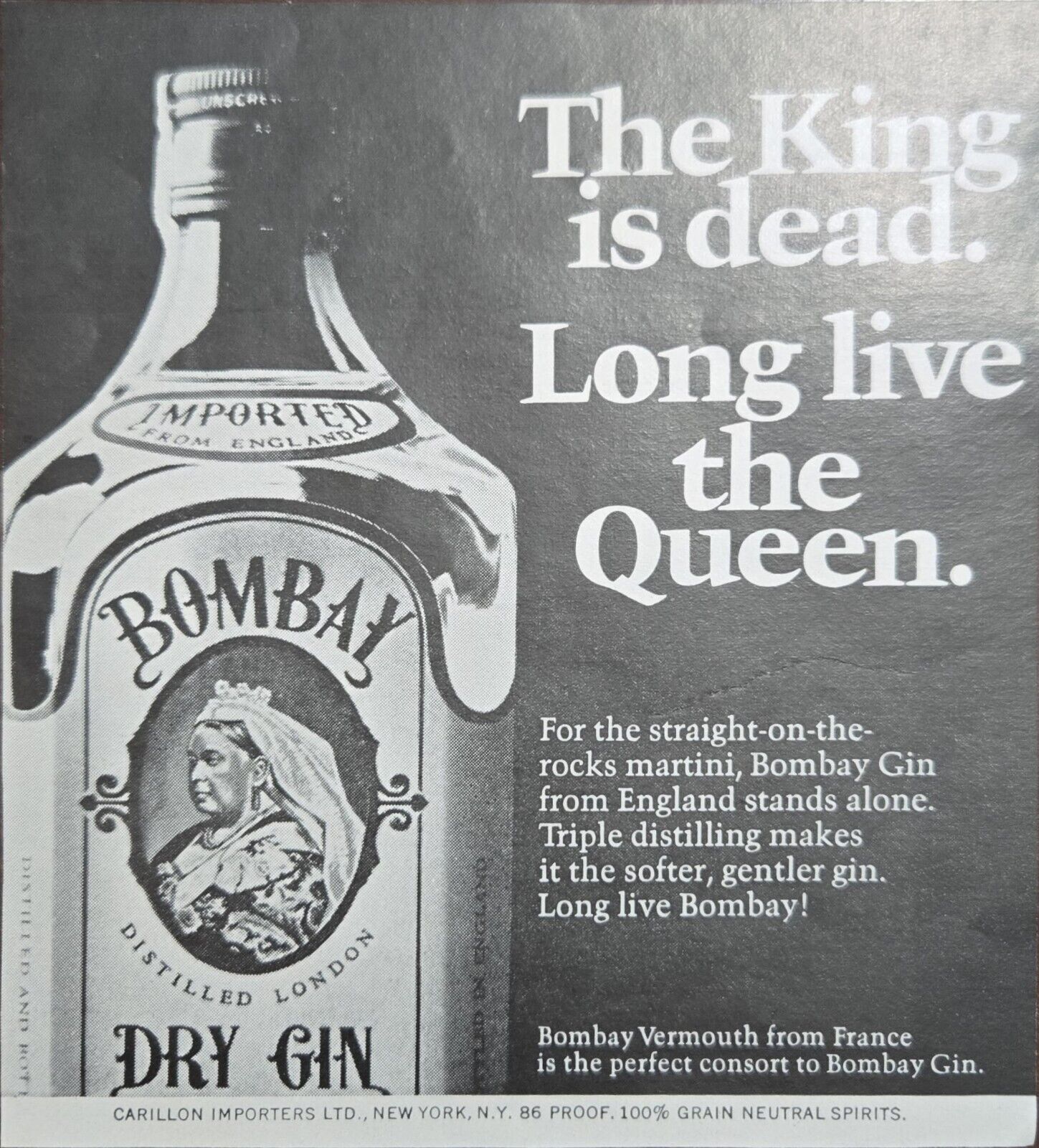 1969 Bombay Dry Gin Alcohol Vintage Print Ad Long Live The Queen From England 